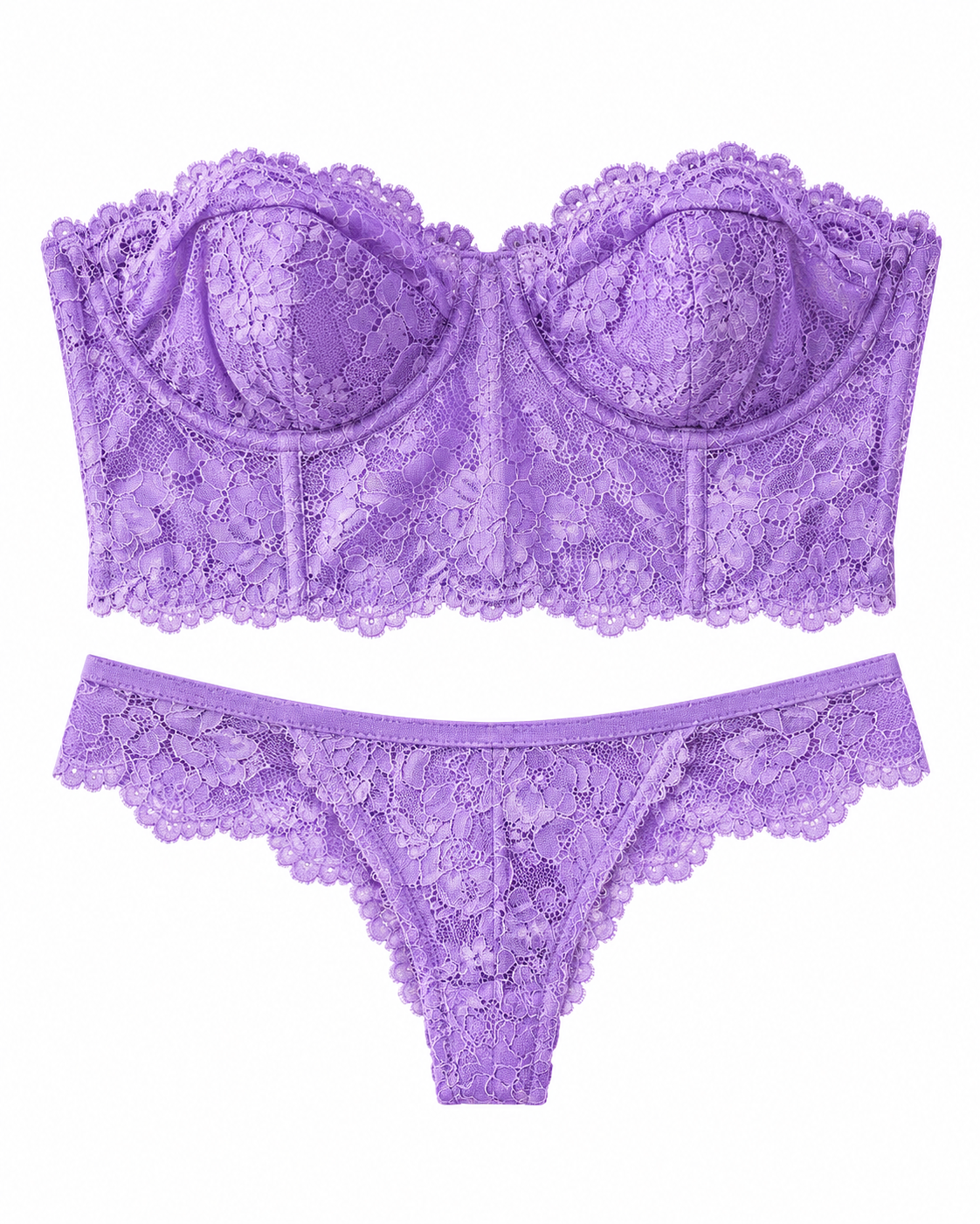 A lavender purple lace lingerie set consisting of a strapless bandeau-style bra and matching high-cut briefs, displayed flat against a solid white background.