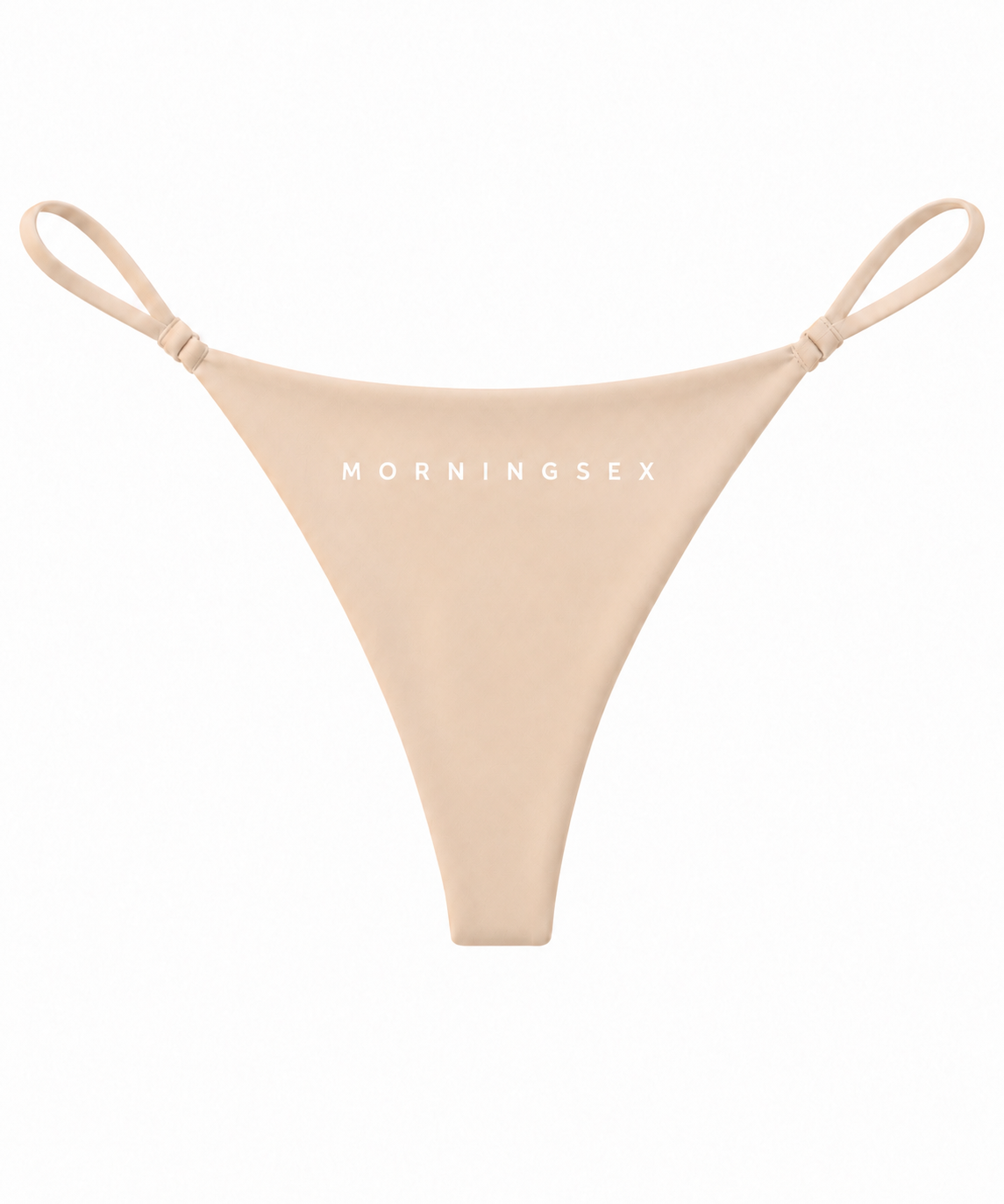 Beige thong-style bikini bottom with thin side straps and white 'MORNINGSEX' text across the front, shown on a plain white background.
