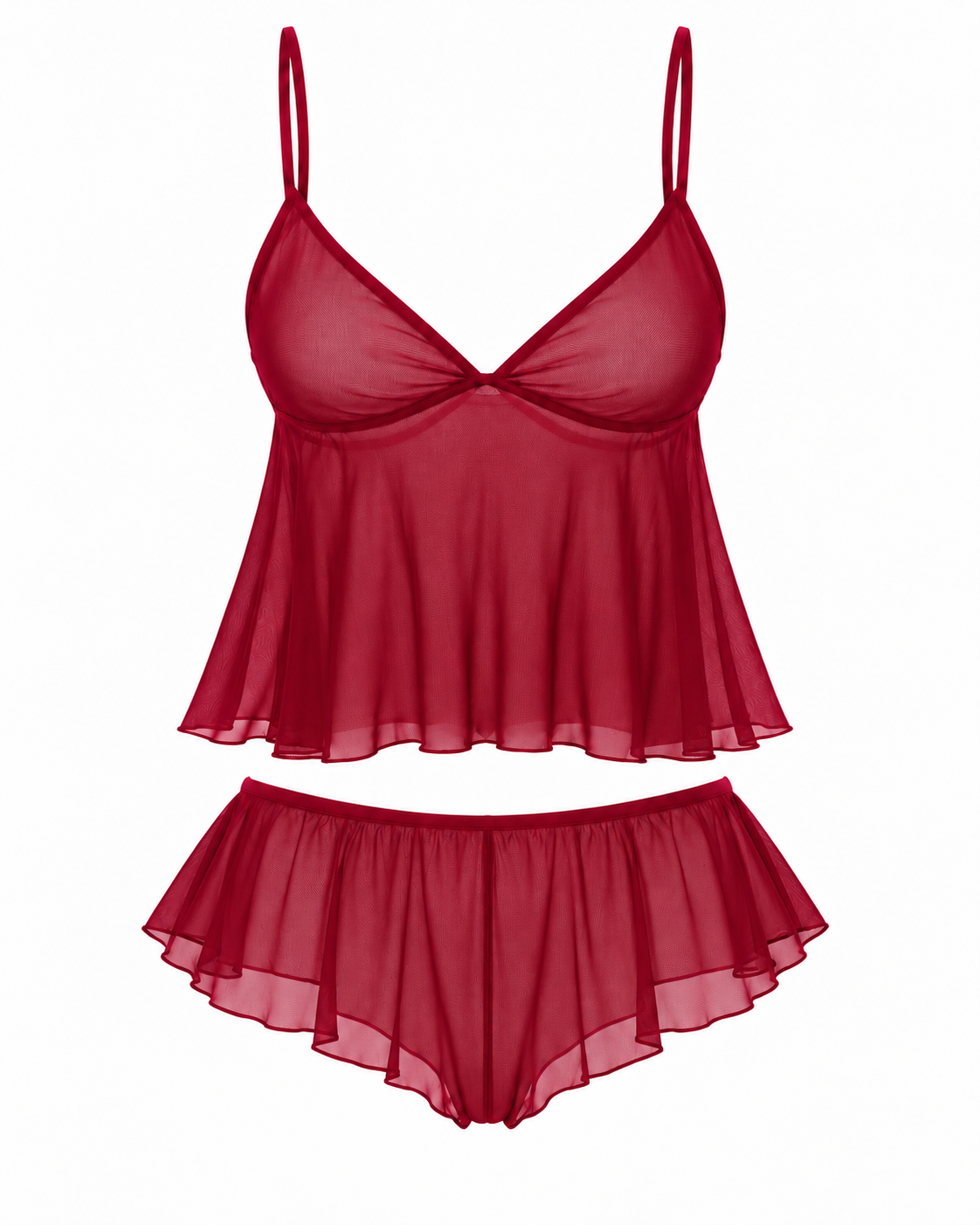 A two-piece sheer lingerie set in a deep red color, featuring a criss-cross halter-style camisole top and matching ruffled high-waisted briefs, displayed against a solid white background.
