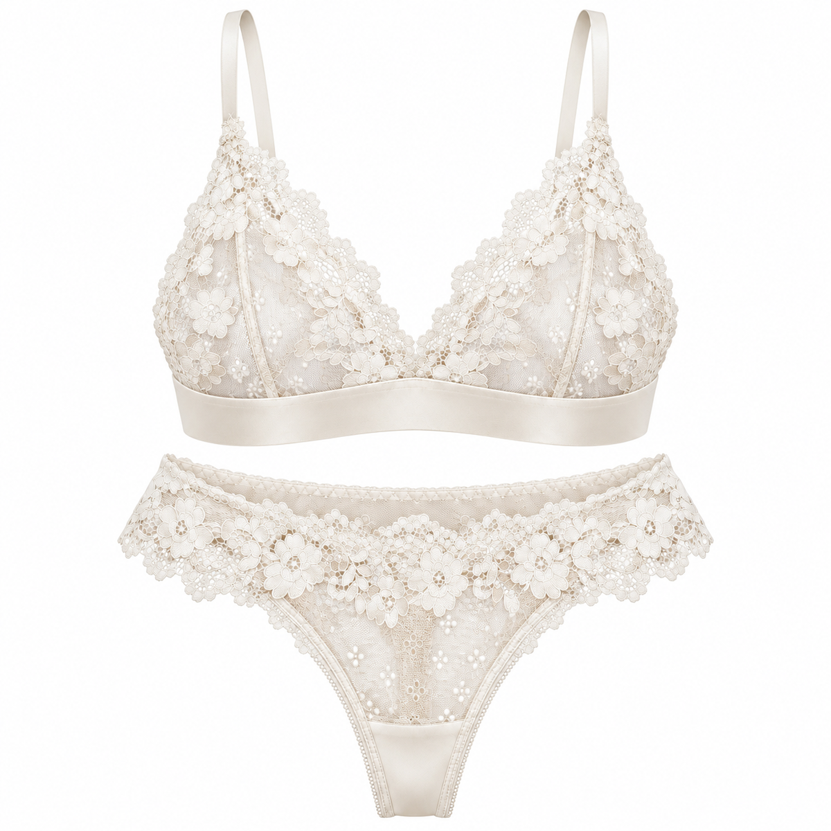 An ivory lace lingerie set featuring a bralette with floral applique and a matching high-waisted brief, displayed on a solid white background.