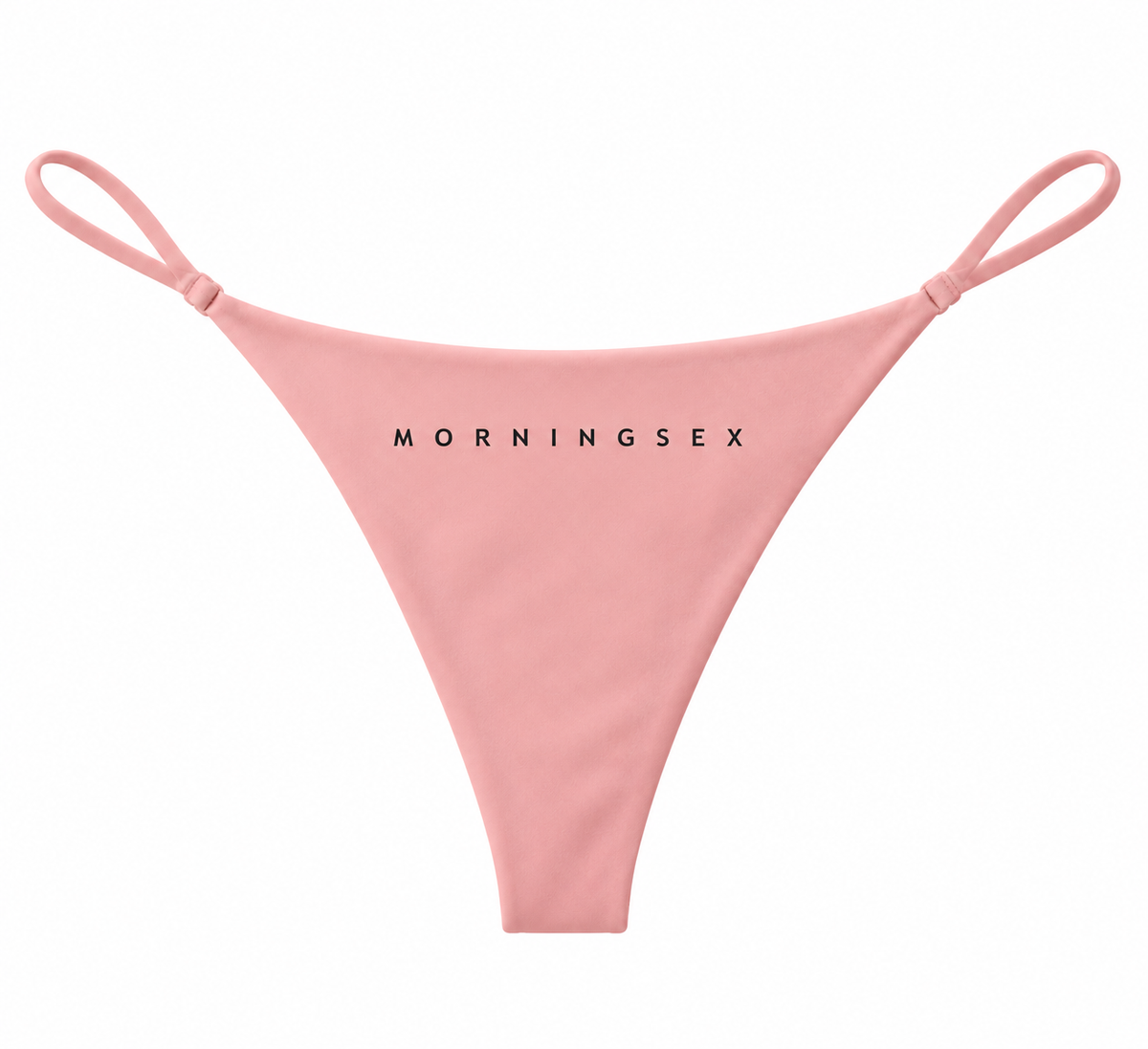 A light pink thong-style bikini bottom with thin side straps and the brand name 'MORNINGSEX' printed in black across the front, shown on a plain white background.