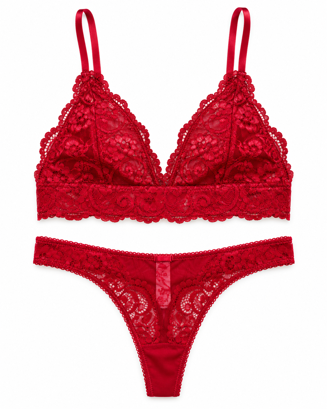 A red lace lingerie set consisting of a triangle bralette with thin straps and a matching lace thong, displayed flat against a solid white background.