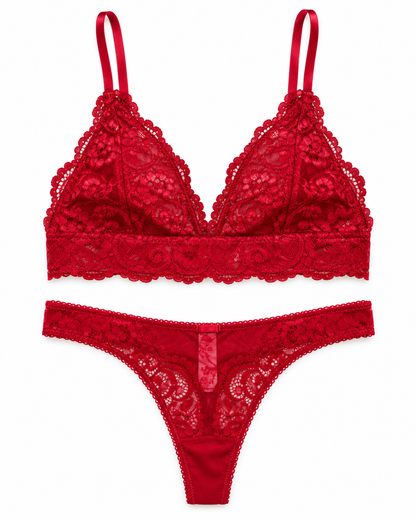 A red lace lingerie set consisting of a triangle bralette with thin straps and a matching lace thong, displayed flat against a solid white background.