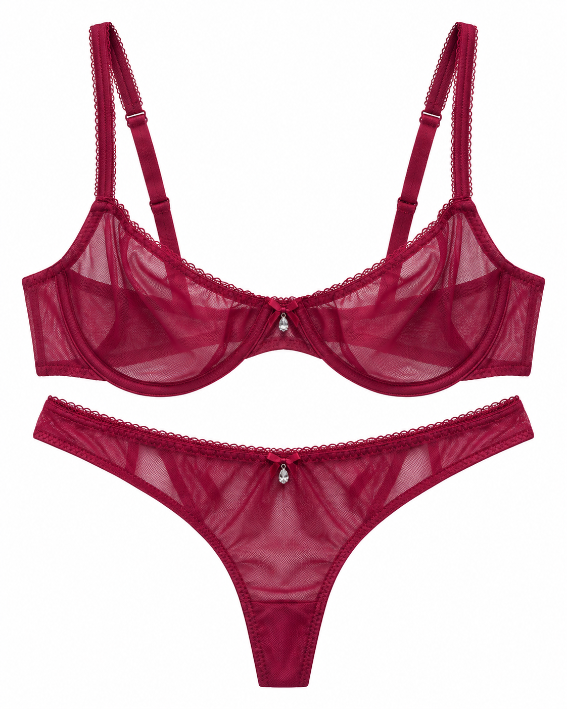 A two-piece lingerie set in deep burgundy red sheer mesh, featuring a bralette with adjustable straps and a matching thong, both with delicate lace trim and a small central decorative embellishment.