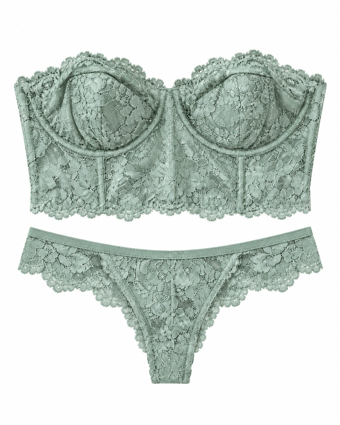 A two-piece sage green lace lingerie set featuring a strapless corset-style bra and matching lace panties, displayed flat against a solid white background.