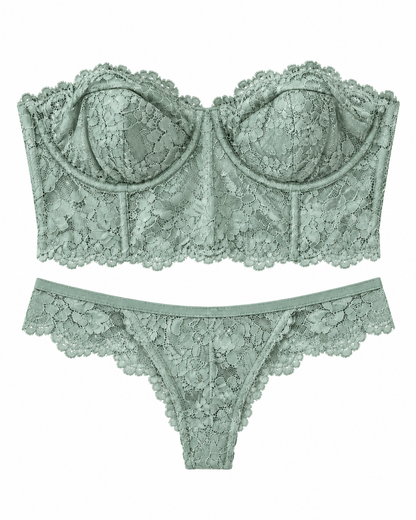 A two-piece sage green lace lingerie set featuring a strapless corset-style bra and matching lace panties, displayed flat against a solid white background.