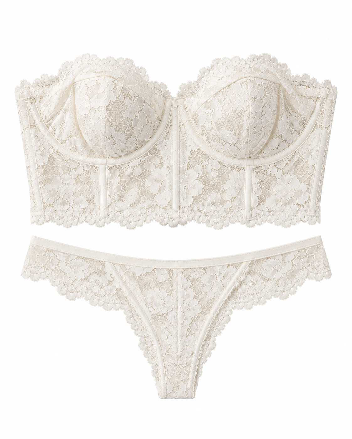 An ivory lace lingerie set featuring a strapless bandeau-style bra and matching thong, both with floral lace patterns and scalloped edges, displayed on a solid white background.