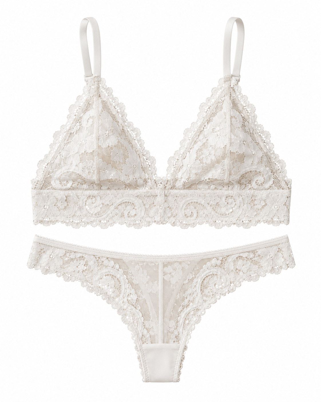 An ivory lace lingerie set featuring a triangle bralette with scalloped edges and a matching thong, displayed against a solid white background.