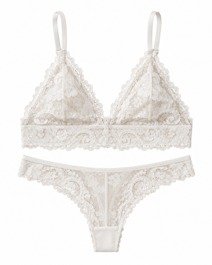 An ivory lace lingerie set featuring a triangle bralette with scalloped edges and a matching thong, displayed against a solid white background.