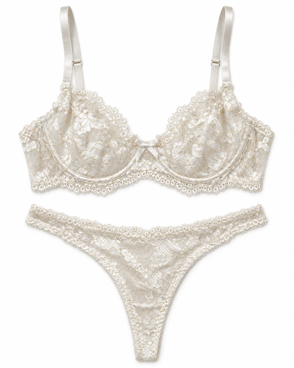 An ivory lace lingerie set featuring a floral lace underwire bra with satin straps and matching lace thong, displayed on a clean white background.