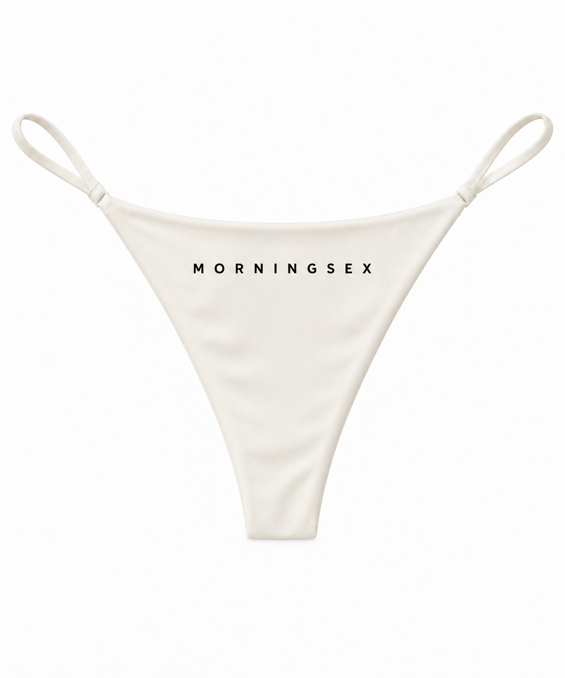 An off-white thong-style bikini bottom with thin side straps and the brand name 'MORNINGSEX' printed in black across the front, shown on a plain white background.