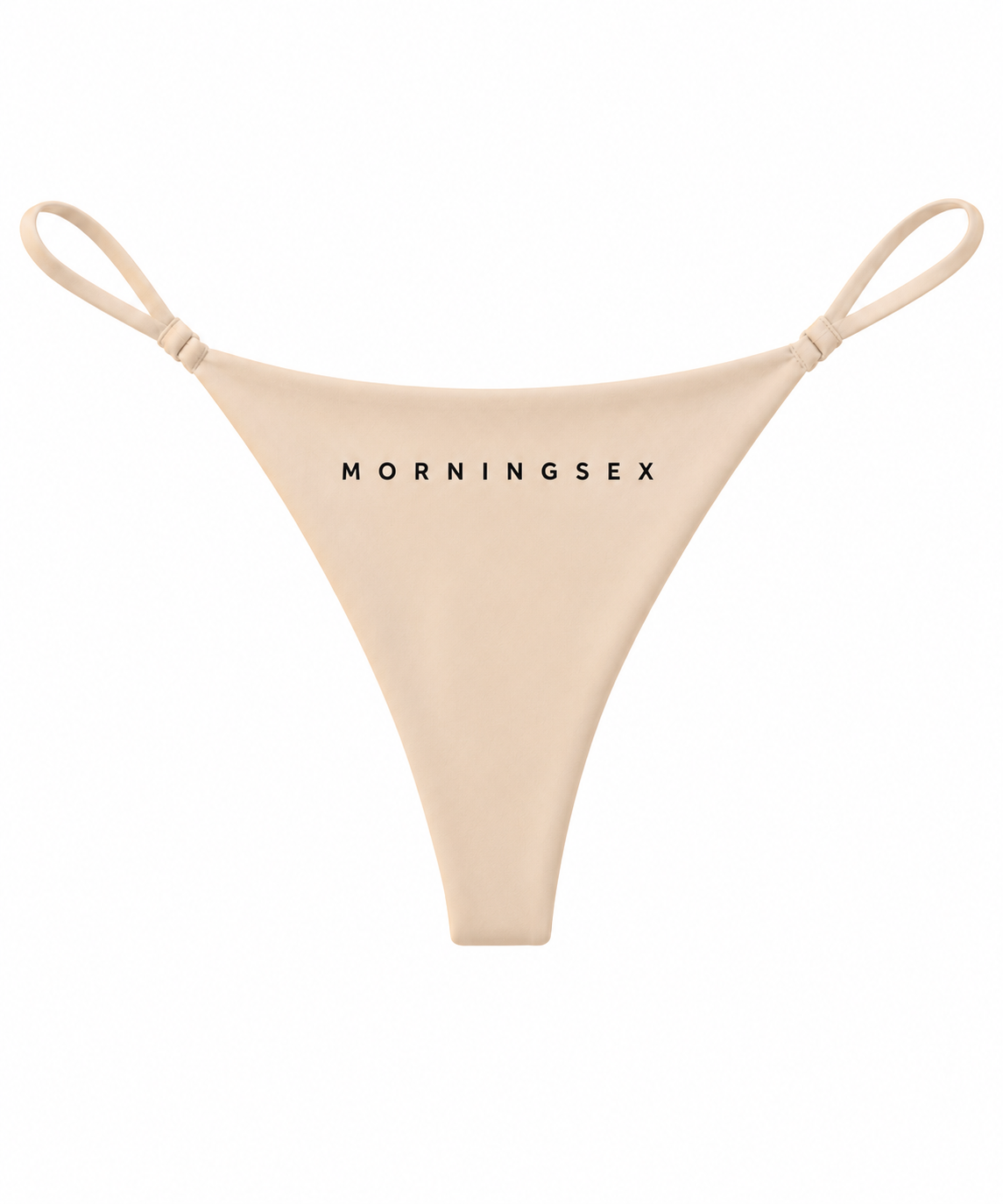 Beige string bikini bottom with thin shoulder straps and the brand name 'MORNINGSEX' printed in black across the front, shown on a plain white background.