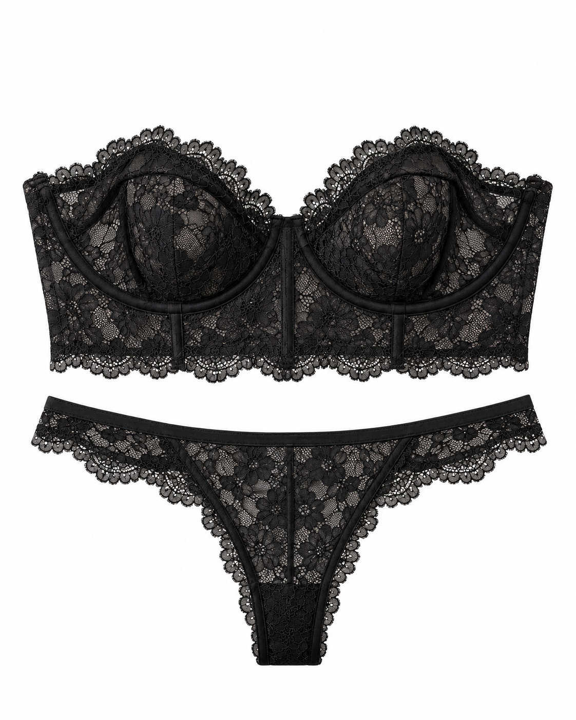 Black lace bralette and matching lace thong set with floral lace pattern and scalloped edges, displayed on a solid white background.