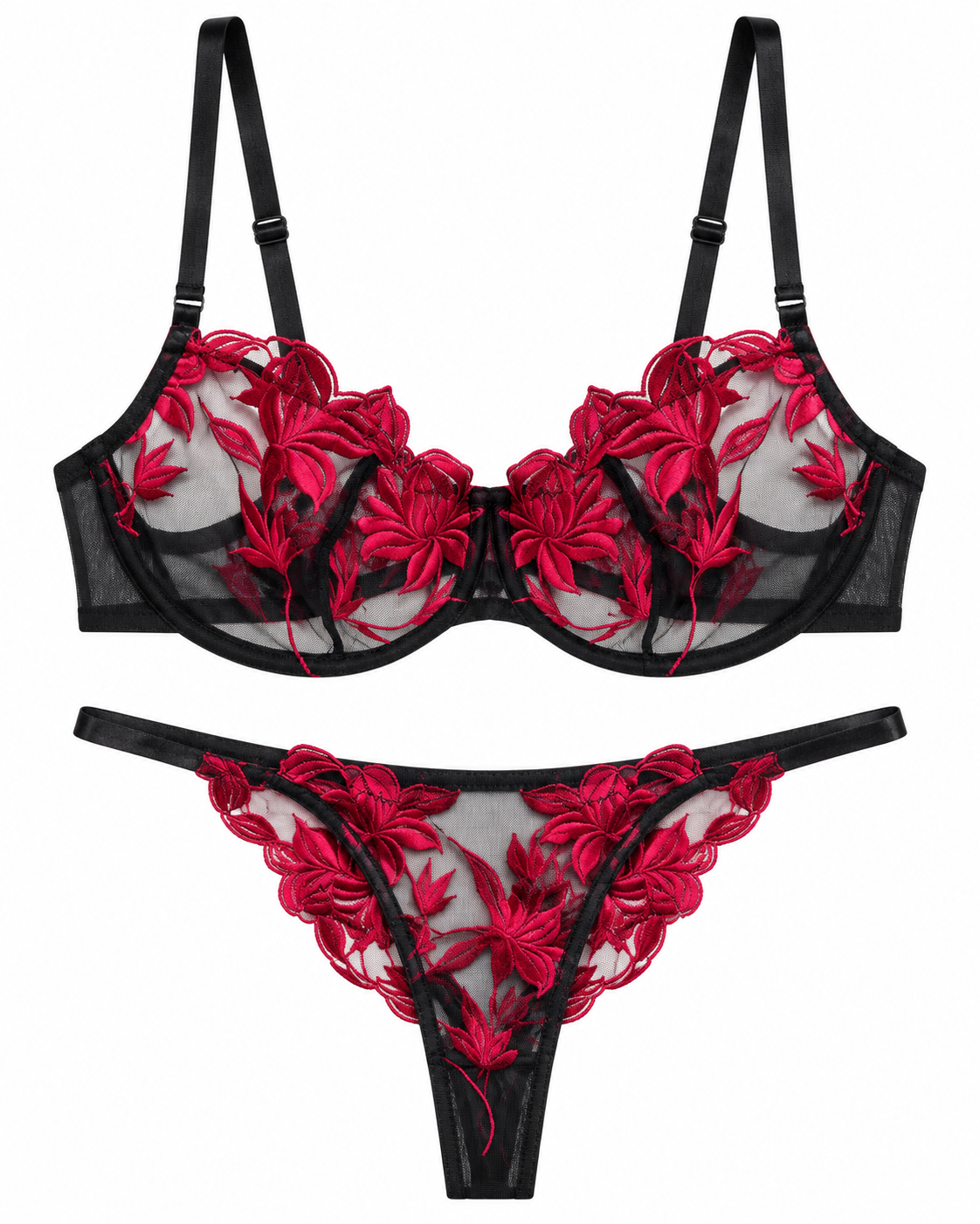 Black mesh lingerie set with vibrant red floral embroidery, featuring a sheer underwire bra and a matching thong on a plain white background.