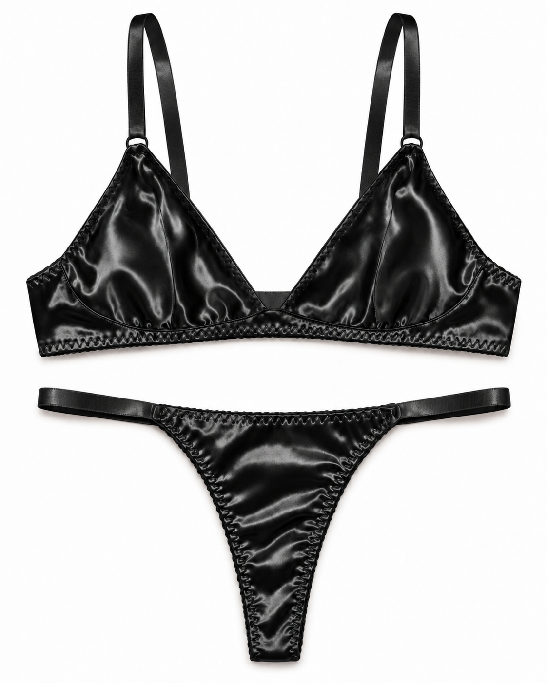 Black satin triangle bralette and matching thong set with braided trim, displayed flat on a white background.