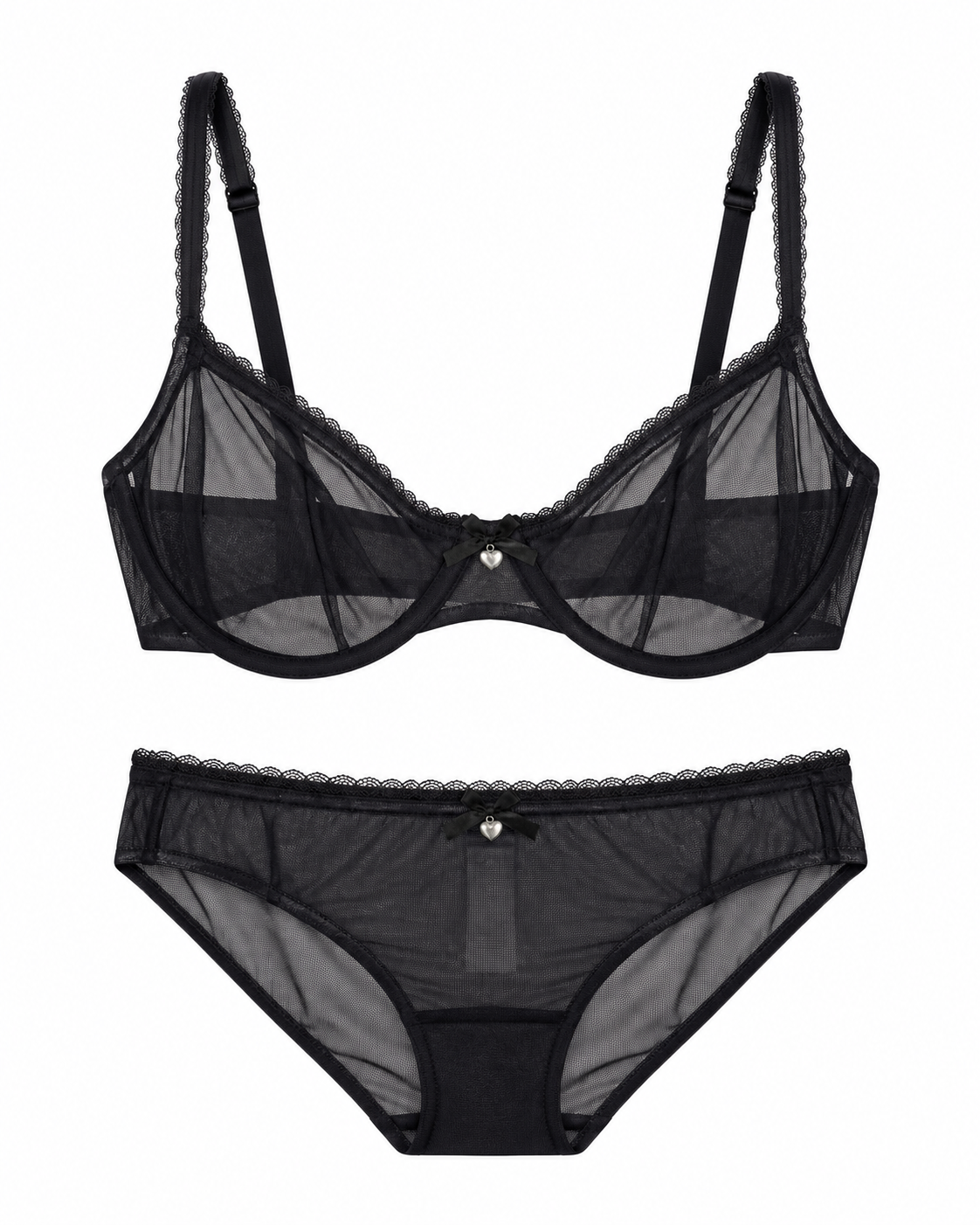 Black sheer mesh lingerie set featuring a semi-transparent bralette with scalloped lace trim and matching high-waisted briefs, displayed on a solid white background.