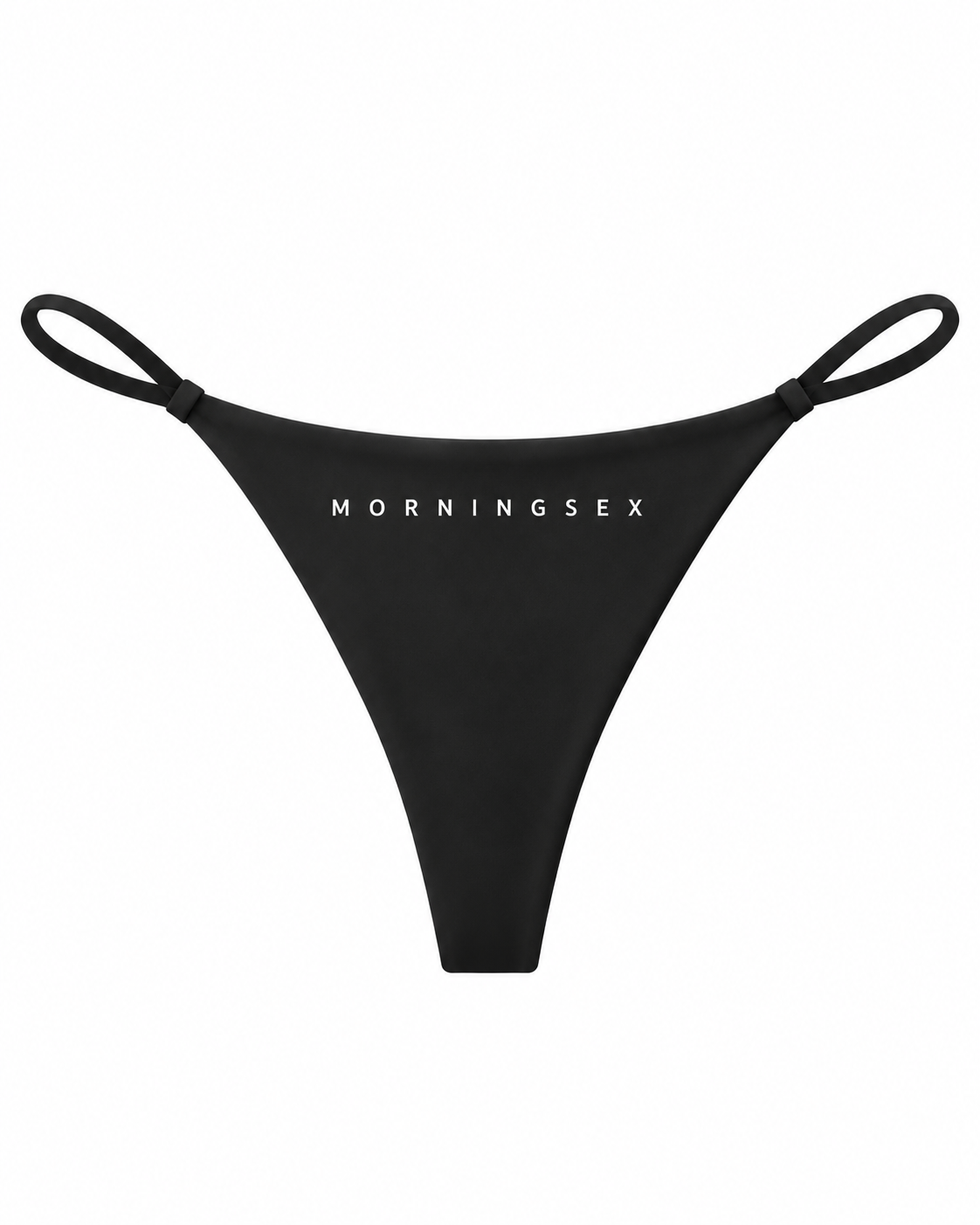 Black thong-style bikini bottom with thin side straps and white 'MORNINGSEX' text printed across the front, shown on a plain white background.