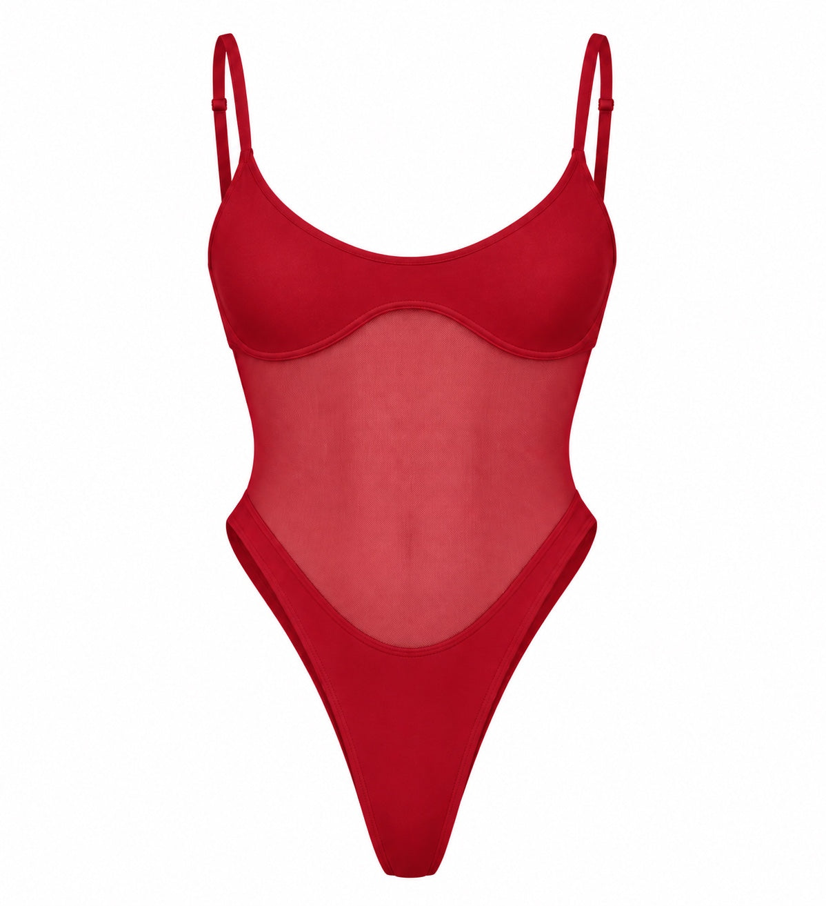 A red one-piece swimsuit with thin shoulder straps, a scoop neckline, and a sheer mesh panel on the torso, shown against a plain white background.