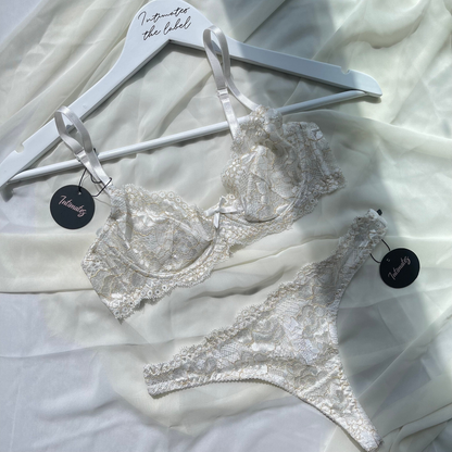 Undone Golden Hour Lace Lingerie Set featuring delicate lace details, soft fabric, and intricate design for bridal or special occasions.
