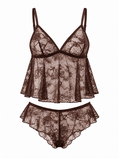 Amour Floral Lace Cami Set – Brown