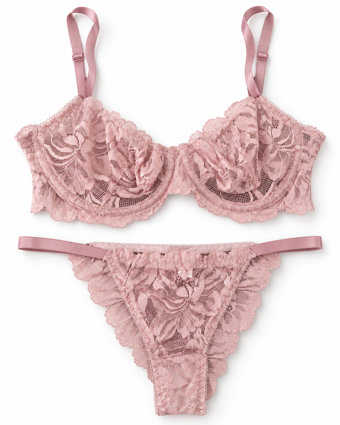 A two-piece dusty pink lace lingerie set featuring a floral lace bralette with scalloped edges and matching lace thong, displayed on a clean white background.