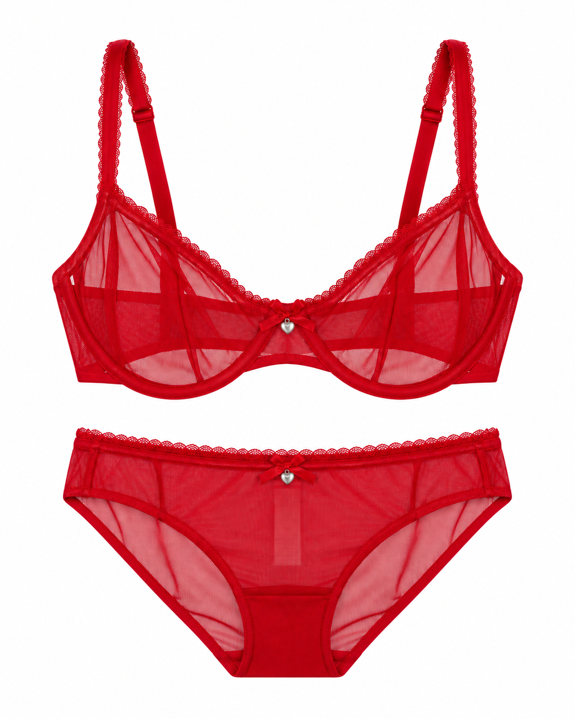 Red sheer mesh lingerie set with scalloped lace trim, featuring a bra and matching panties with a small silver heart detail at the center front, displayed on a solid white background.