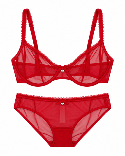 Red sheer mesh lingerie set with scalloped lace trim, featuring a bra and matching panties with a small silver heart detail at the center front, displayed on a solid white background.