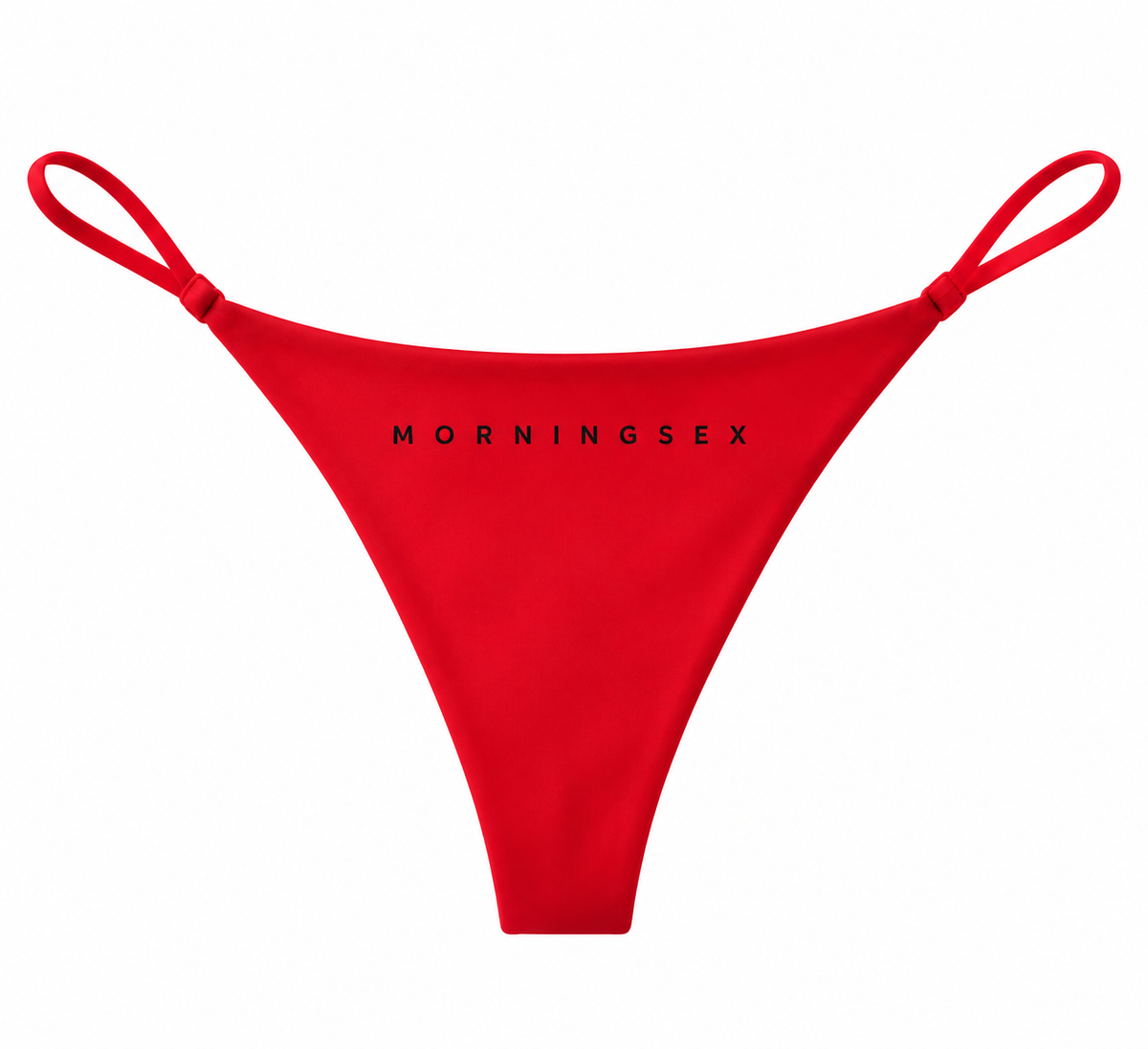 Red thong-style bikini bottom with thin side straps and black 'MORNINGSEX' text printed across the front, shown on a plain white background.
