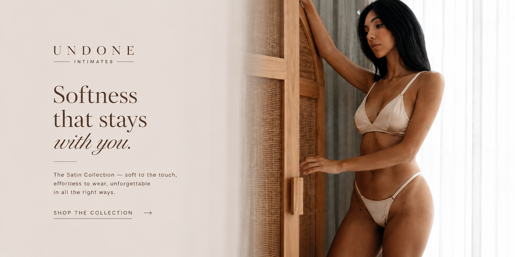 Woman in a white bra and panties standing by a wooden door with 'Undone' branding.