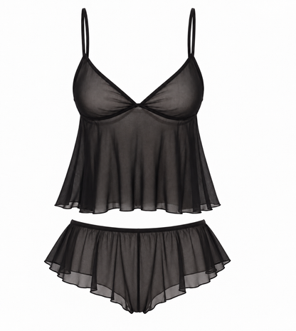 A two-piece black sheer lingerie set featuring a camisole top with thin straps and a matching ruffled high-waisted brief, displayed against a solid white background.