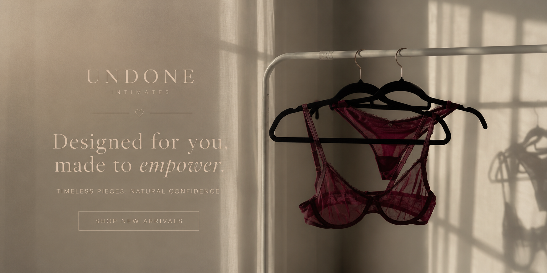 Maroon bra and panties on a hanger with 'Undone' branding and tagline.