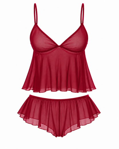 A two-piece sheer lingerie set in a deep red color, featuring a criss-cross halter-style camisole top and matching ruffled high-waisted briefs, displayed against a solid white background.