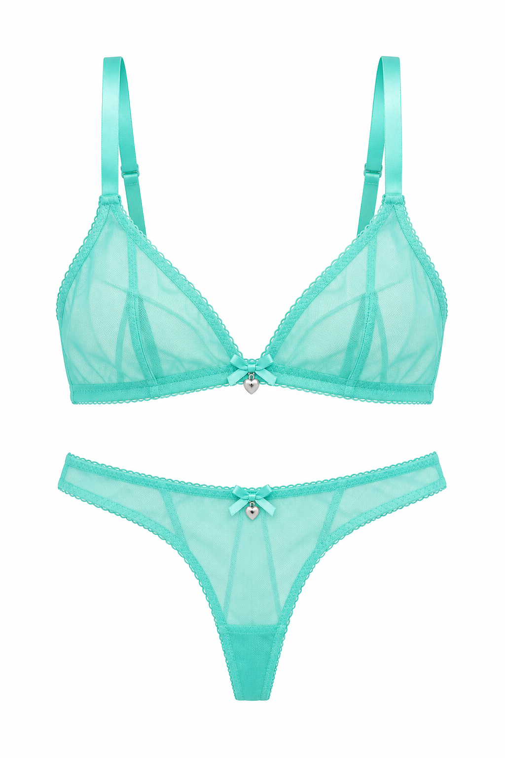 A two-piece sheer lingerie set in mint green, featuring a bra and matching thong with lace trim and a small central bow detail, displayed on a solid white background.