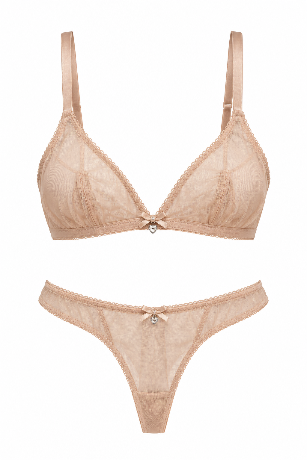 A two-piece lingerie set featuring a sheer nude-beige mesh bralette with lace trim and a matching thong, both displayed against a solid white background.