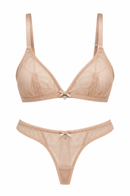 A two-piece lingerie set featuring a sheer nude-beige mesh bralette with lace trim and a matching thong, both displayed against a solid white background.