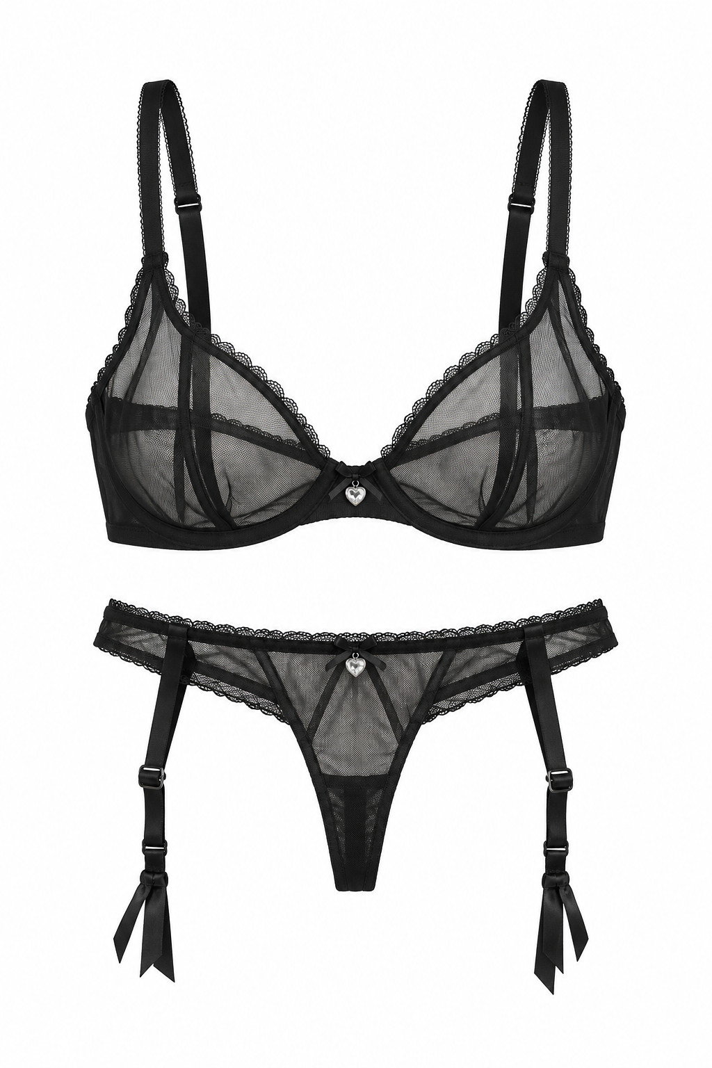 Black sheer mesh lingerie set with matching garter belt, featuring scalloped lace trim and a small heart-shaped metal detail at the center front, displayed on a solid white background.