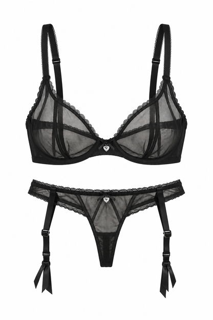 Black sheer mesh lingerie set with matching garter belt, featuring scalloped lace trim and a small heart-shaped metal detail at the center front, displayed on a solid white background.