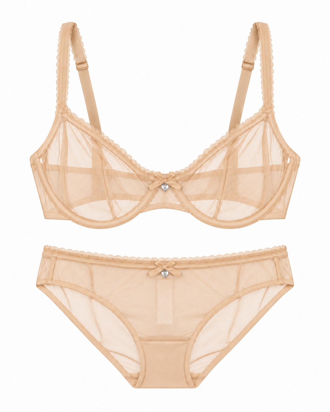 A two-piece sheer mesh lingerie set in a light beige/nude color, featuring a semi-transparent bra with scalloped edges and matching panties with a small rhinestone center detail, displayed on a clean white background.