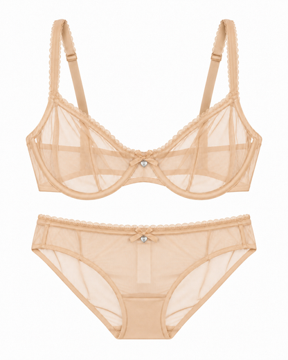 A two-piece sheer mesh lingerie set in a light beige/nude color, featuring a semi-transparent bra with scalloped edges and matching panties with a small rhinestone center detail, displayed on a clean white background.