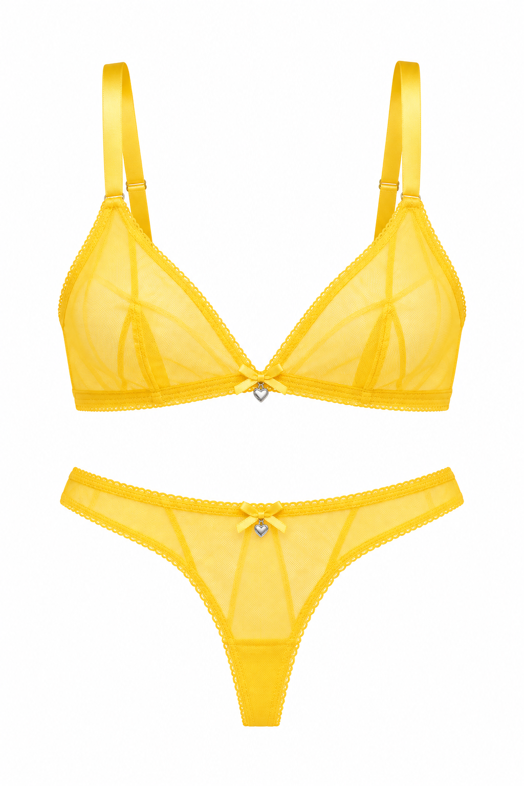 A two-piece yellow lingerie set consisting of a sheer mesh underwire bra and matching thong with lace trim and a small rhinestone center detail, shown on a plain white background.