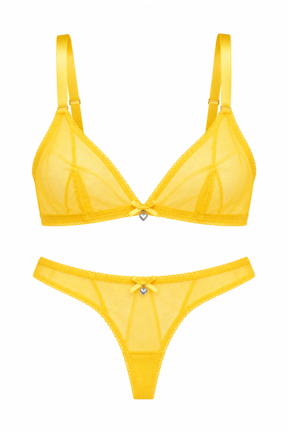 A two-piece yellow lingerie set consisting of a sheer mesh underwire bra and matching thong with lace trim and a small rhinestone center detail, shown on a plain white background.