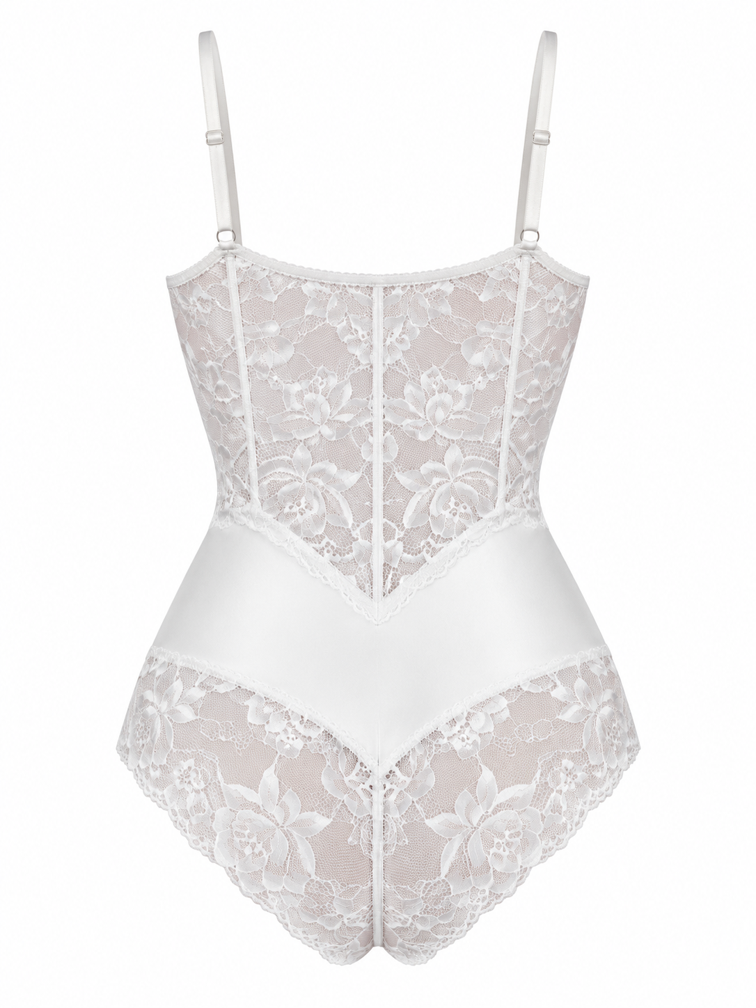 White lace and satin bodysuit with thin shoulder straps, a structured corset-style bodice, and a center front zipper, shown on a plain white background.