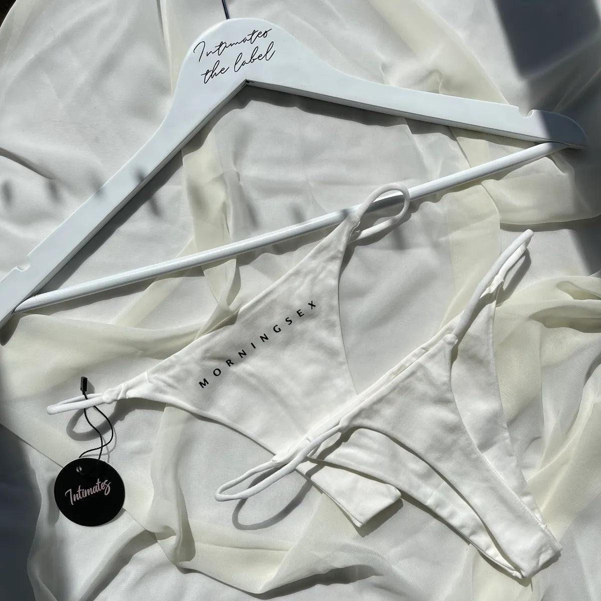 White cotton G-string thong underpants from Undone, designed for comfort and style with a morning sex-inspired aesthetic.