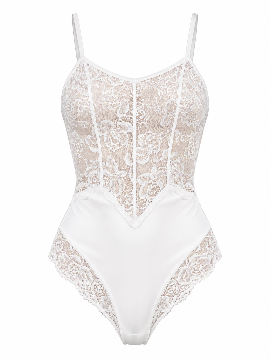 White lace and satin one-piece bodysuit with thin shoulder straps, a sheer floral lace bodice, and a smooth satin lower section, shown on a plain white background.
