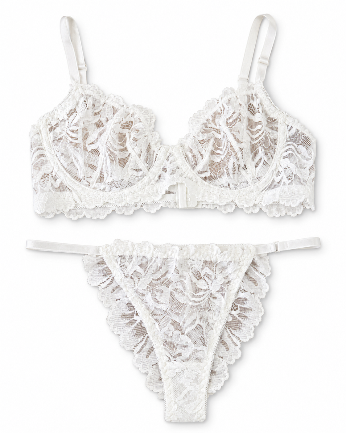 White floral lace lingerie set featuring a bralette with adjustable straps and a matching thong, displayed on a clean white background.