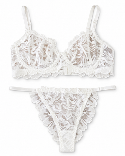 White floral lace lingerie set featuring a bralette with adjustable straps and a matching thong, displayed on a clean white background.