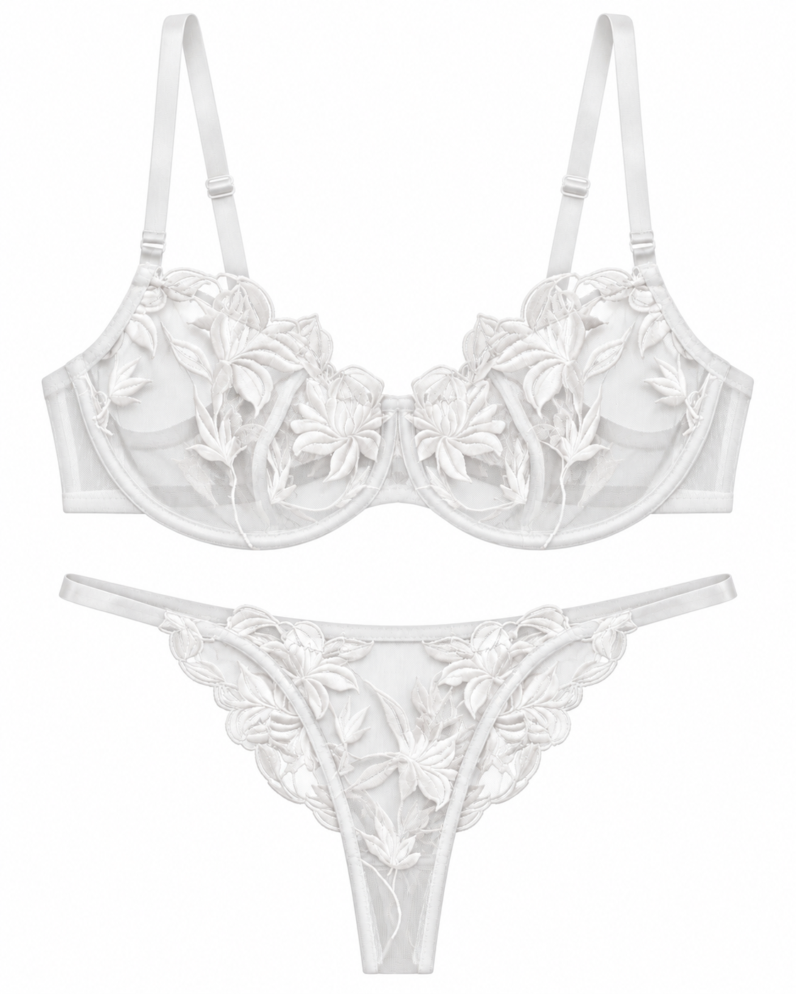 White sheer mesh lingerie set with 3D floral lace applique, featuring a structured underwire bra and a matching thong on a plain white background.