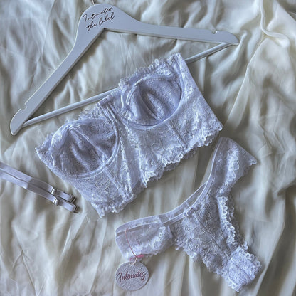 Undone Sweet Bodylace lingerie set featuring delicate lace bra and matching panties, soft pastel pink color, front view.