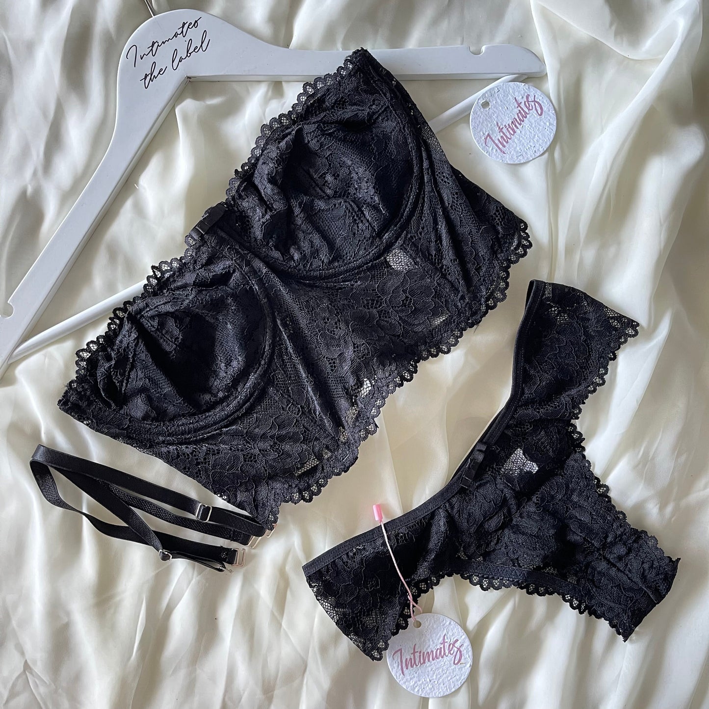 Undone Sweet Bodylace lingerie set featuring delicate lace details and adjustable straps on a model.